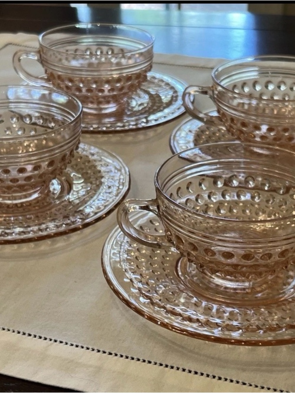 Vintage Set of 4 Pink Hobnail Glass Teacups & Saucers